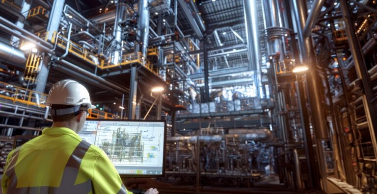Industrial engineer monitoring plant operations on computer in processing facility